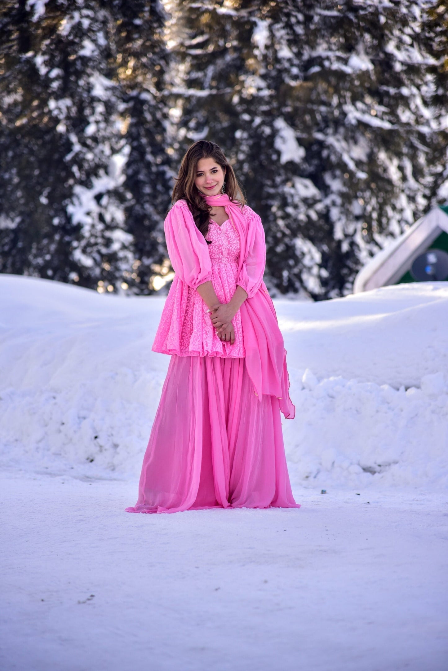 pink chikankari embroidered kurta sharara set