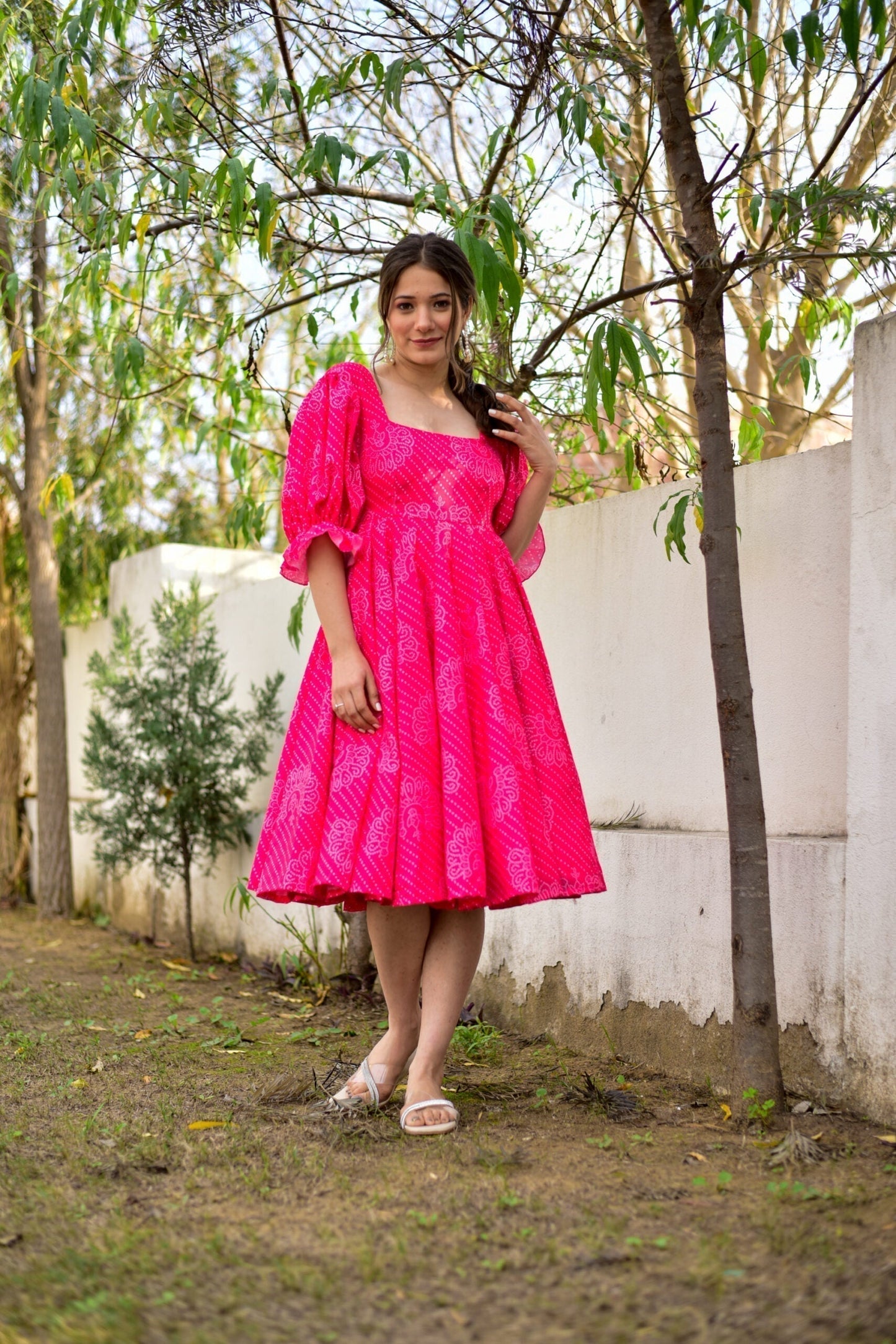 pink cotton bandhej dress