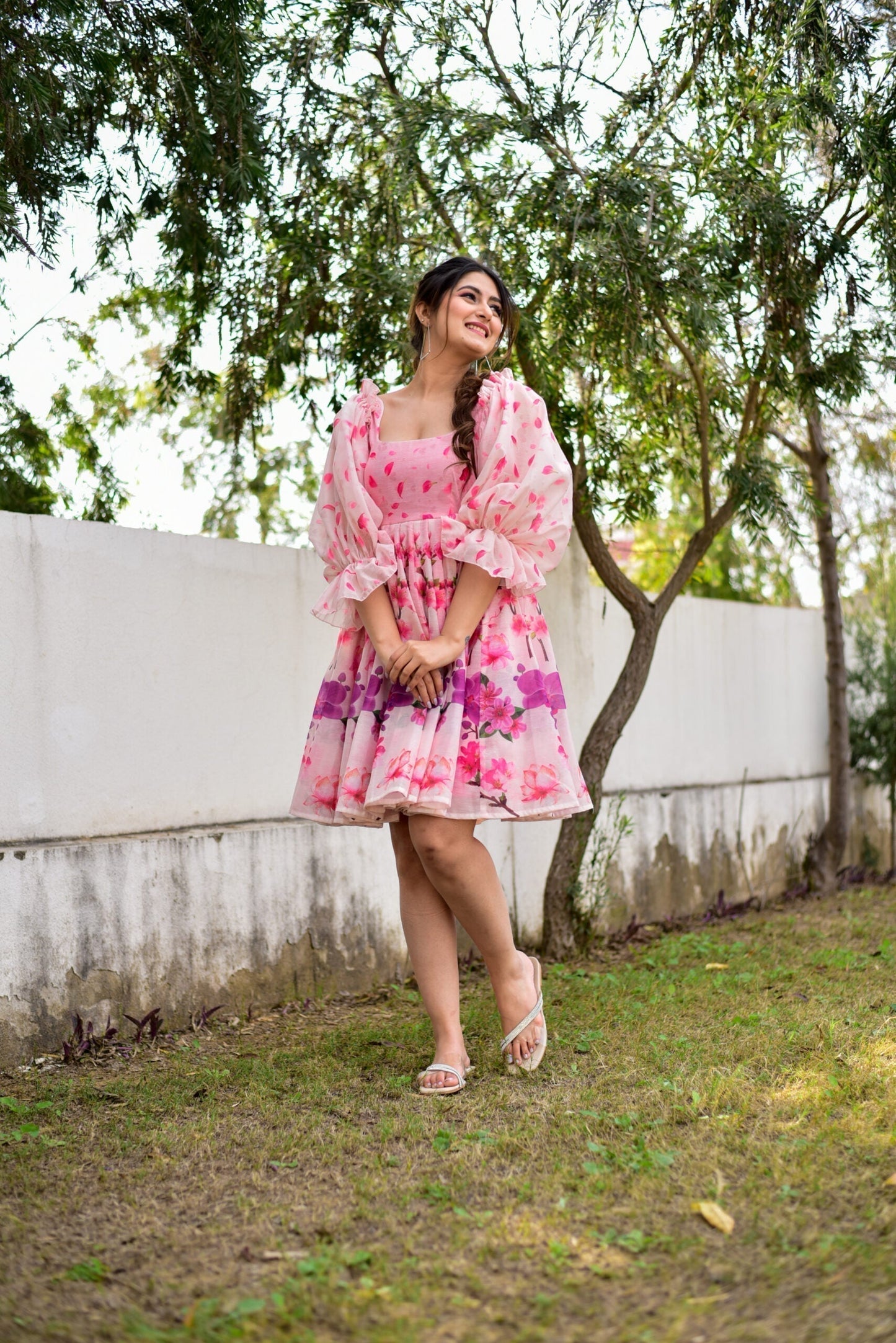 pink puff chanderi dress