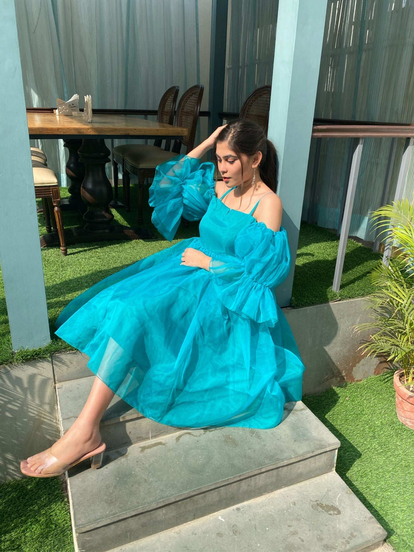 teal blue organza dress