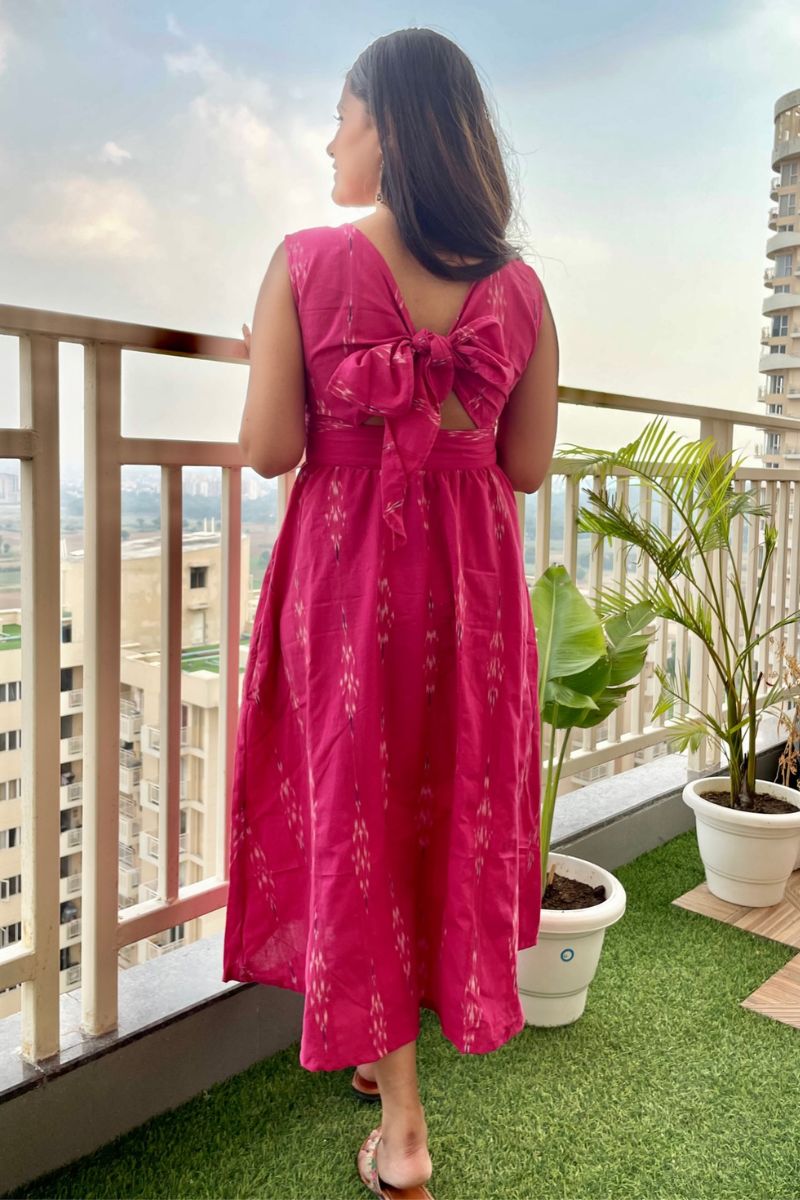 FUSCHIA IKAT BOW BACK FLARED DRESS