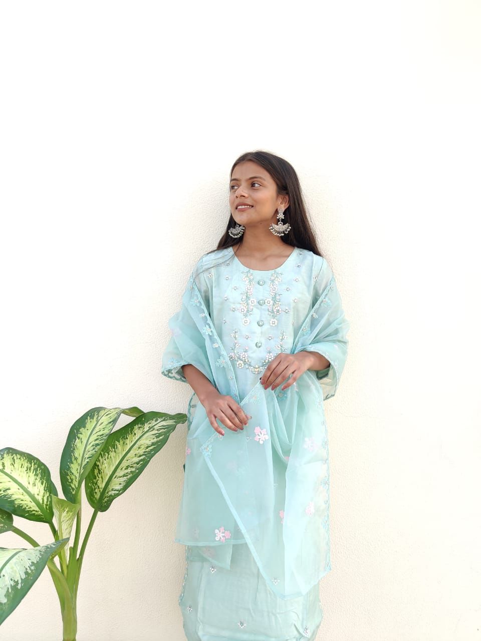 SALE: Pastel Turquoise Mirror Embroidered Suit Set