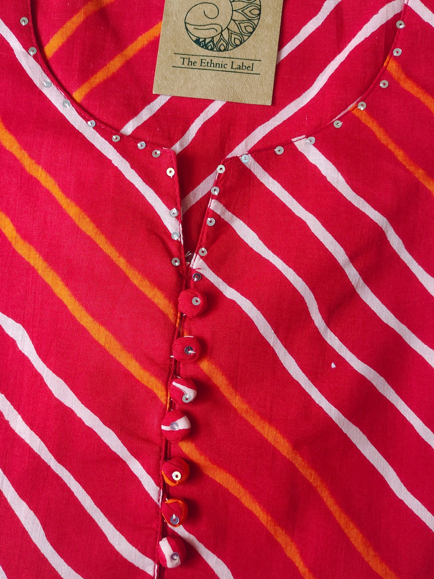 Red Lehriya Buttoned Cotton Kurta