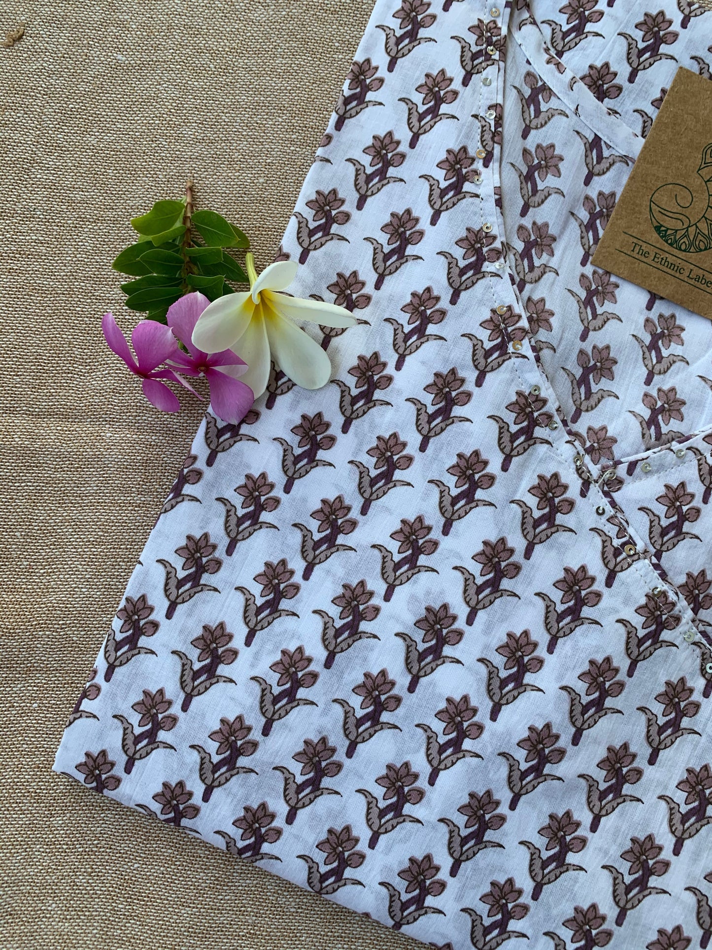 Hand Block Printed White Boota Angrakha Cotton Kurta