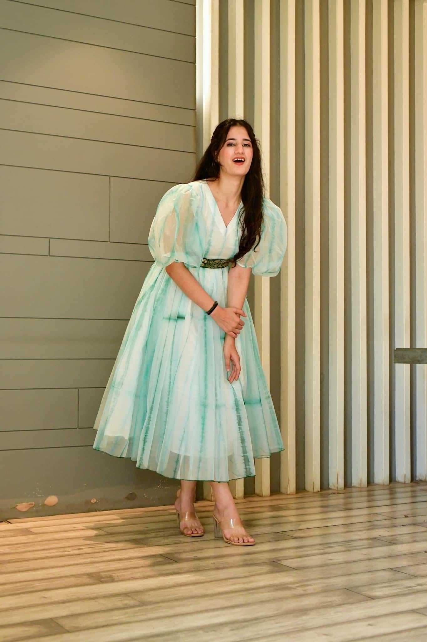 Green shibori organza dress