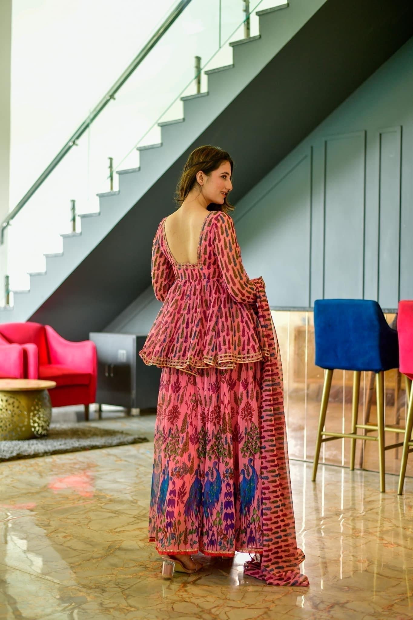 peacock georgette kurta sharara set