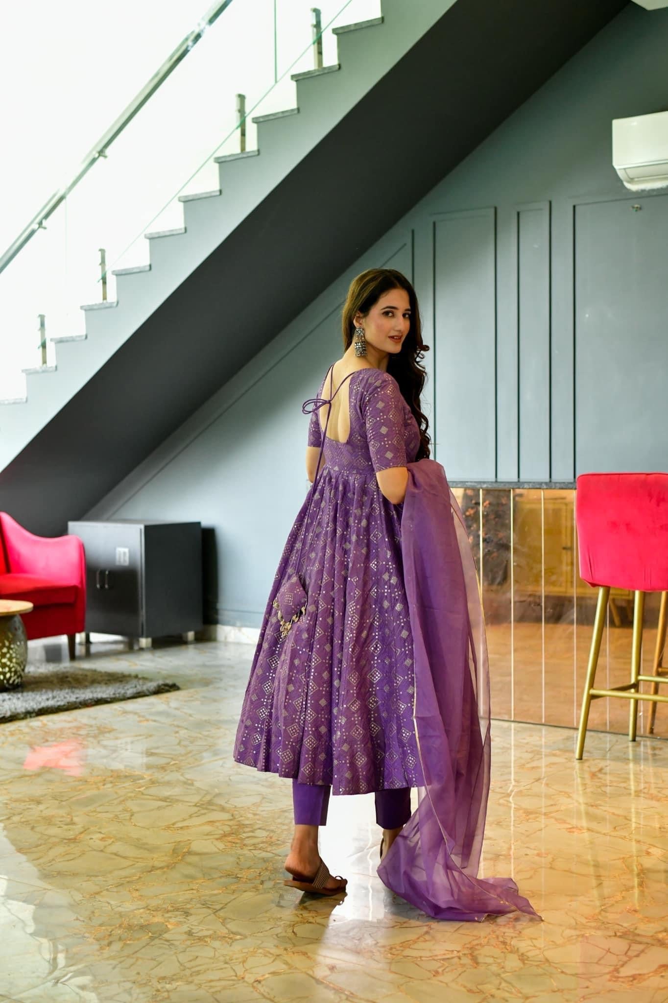 purple embroidered silk suit set