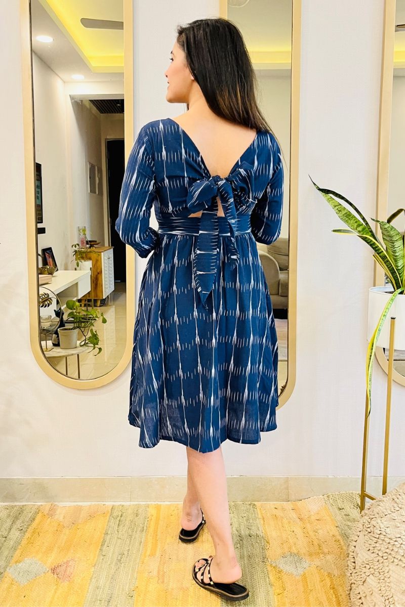 NAVY IKAT BOW-BACK FLARED DRESS