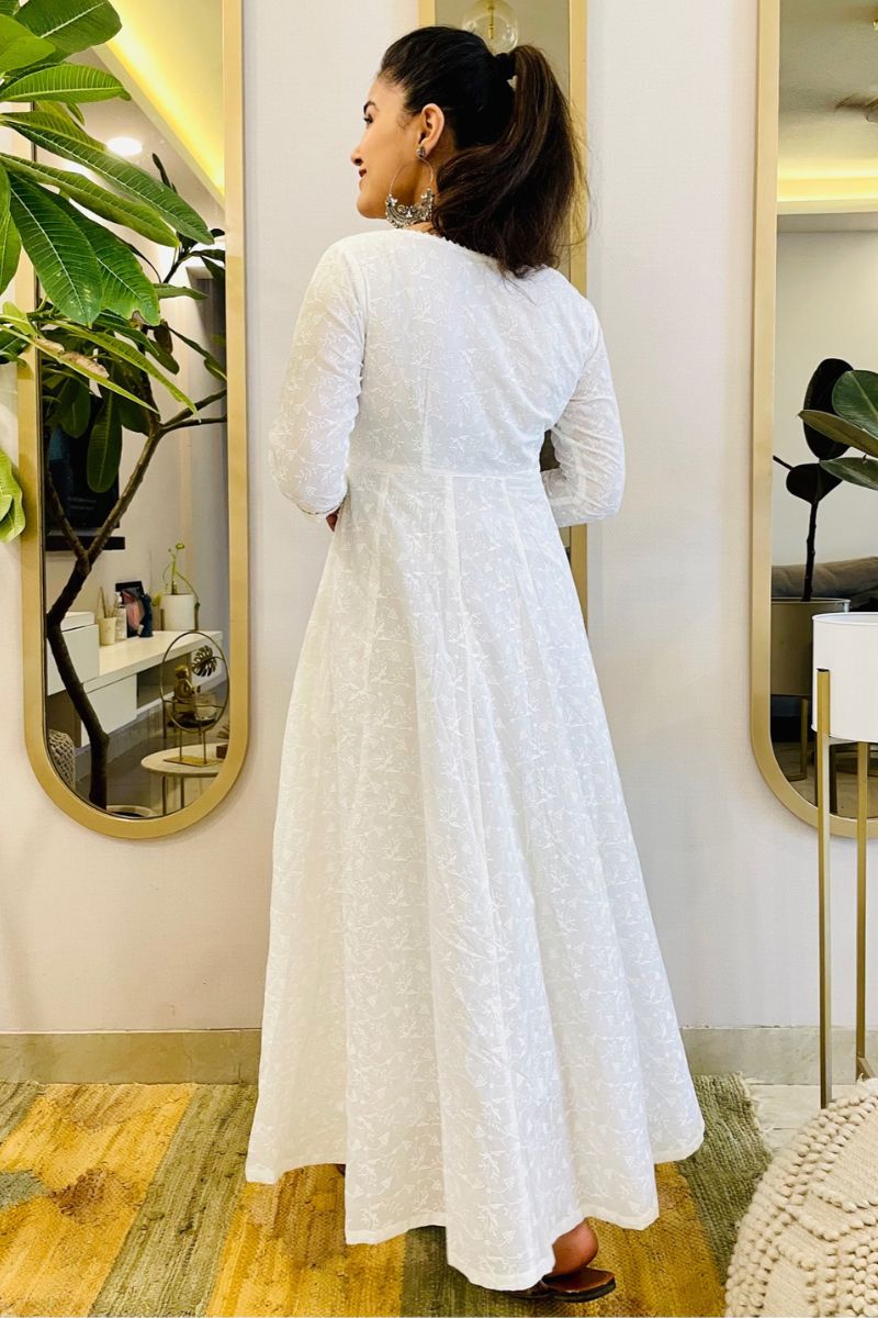 WHITE EMBROIDERED ANARKALI MAXI DRESS