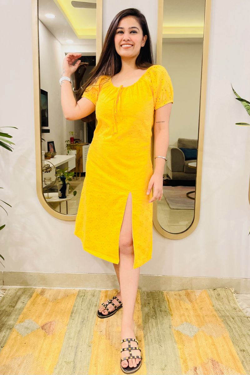 YELLOW SCHIFFLI EMBROIDERED SLIT DRESS