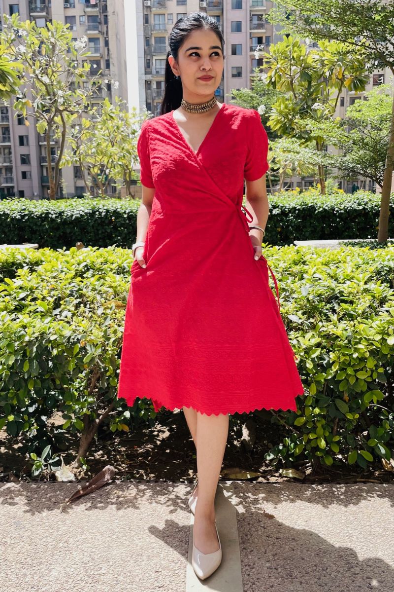 RED EMBROIDERED WRAP DRESS