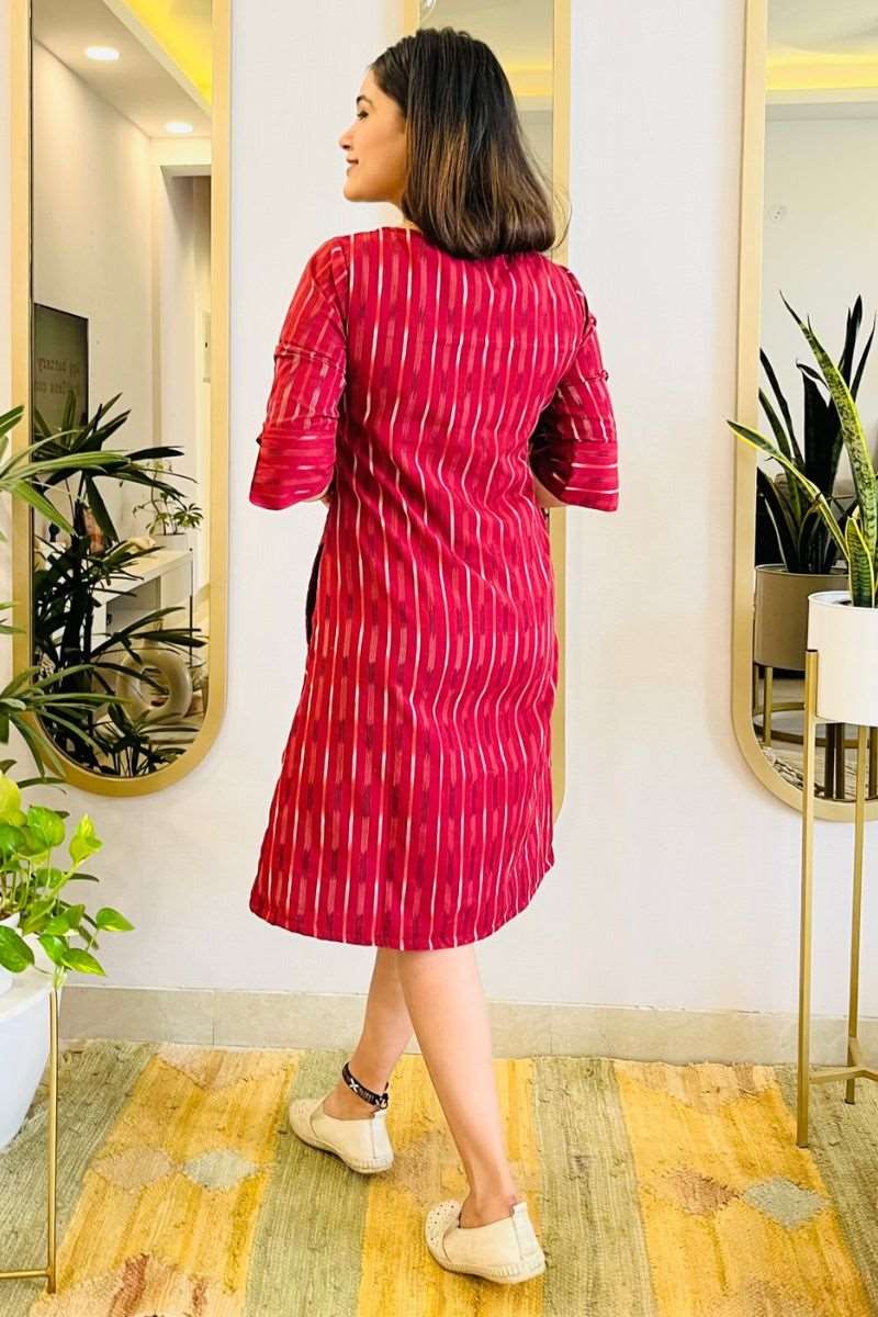 WINE IKAT FORMAL SHIFT DRESS WITH POCKETS