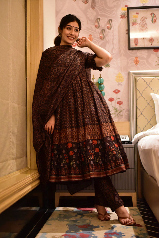 poornima brown chanderi suit set