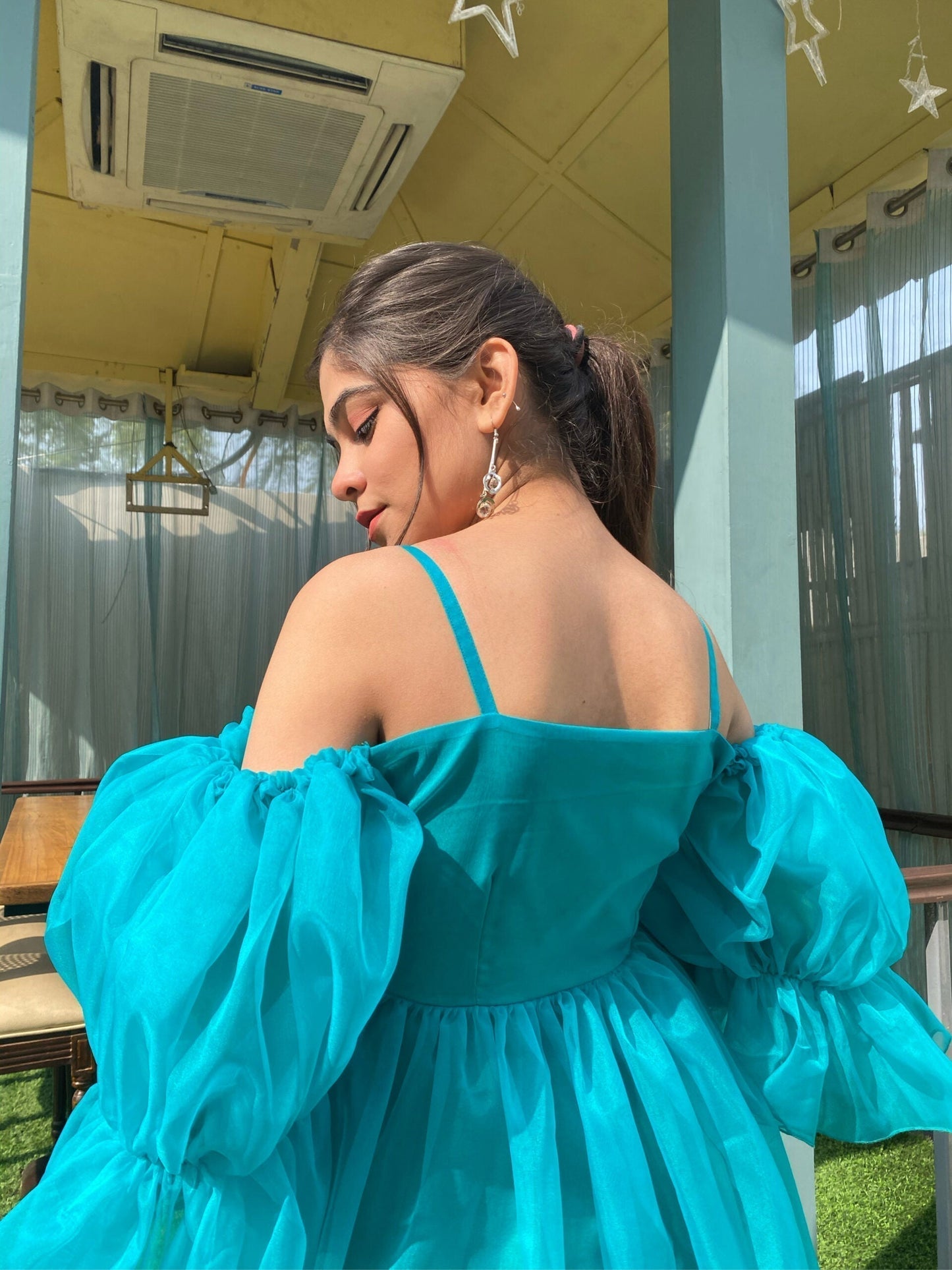 teal blue organza dress