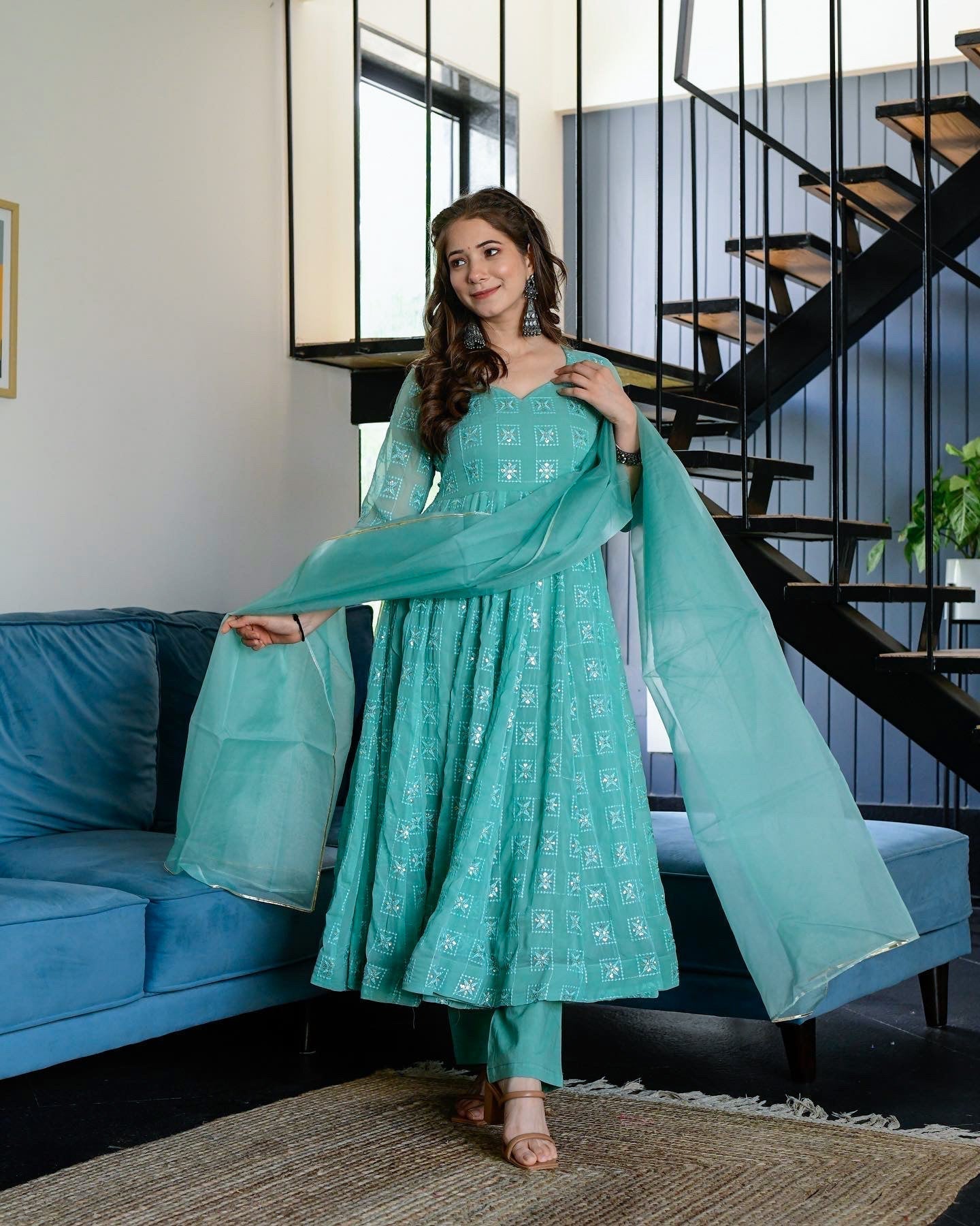 turqoiuse blue embroidered suit set