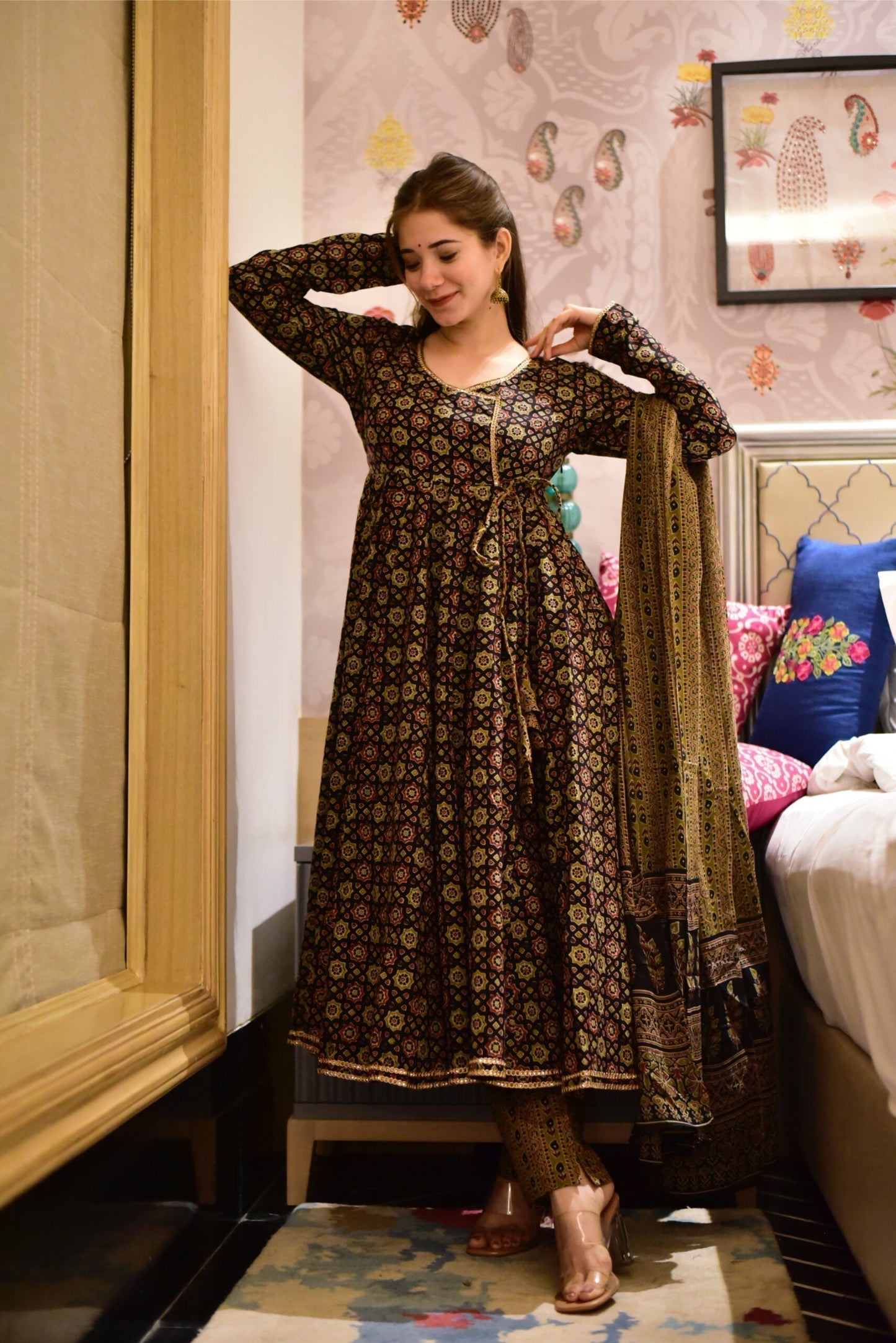 brown ajrakh angrakha suit set