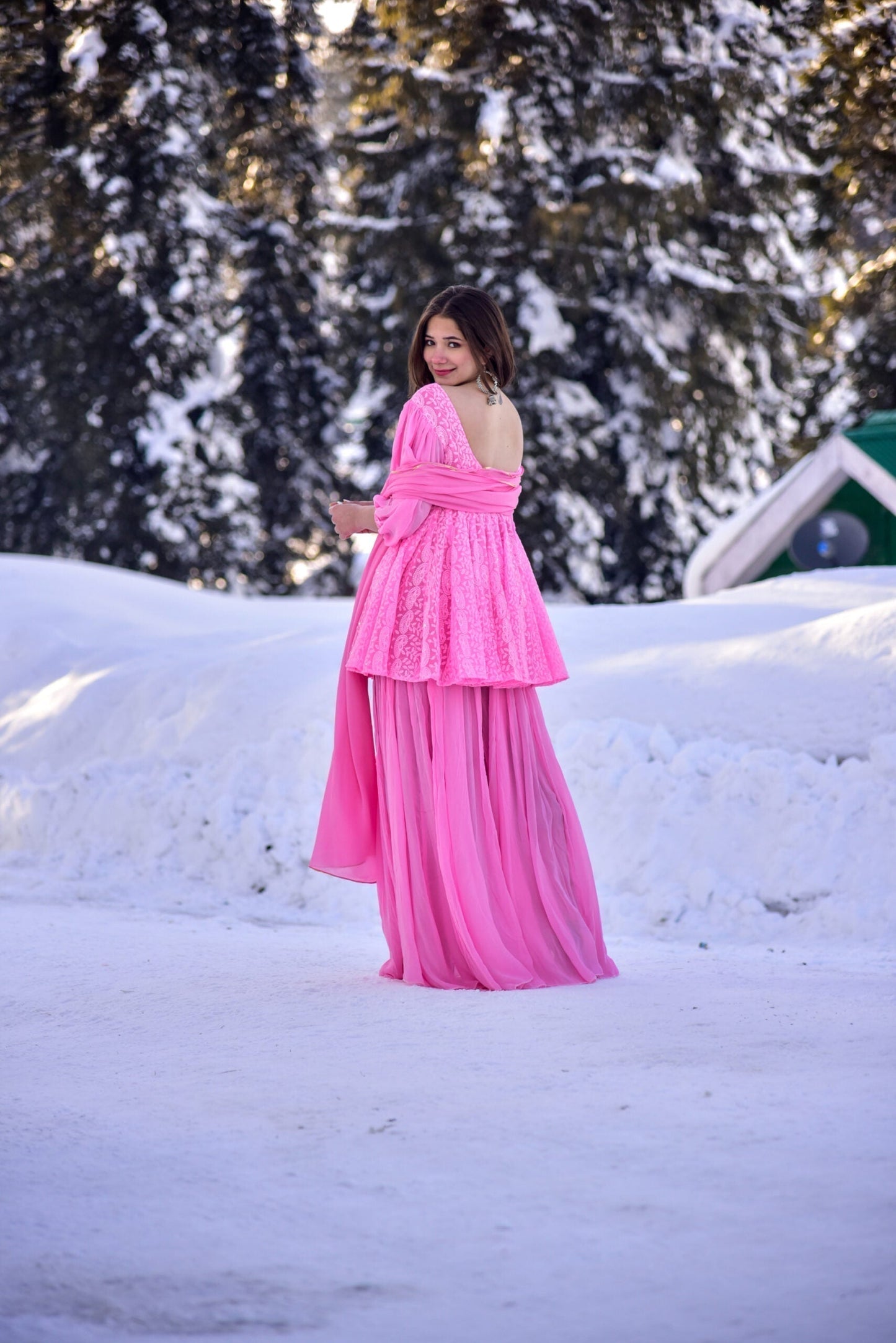 pink chikankari embroidered kurta sharara set