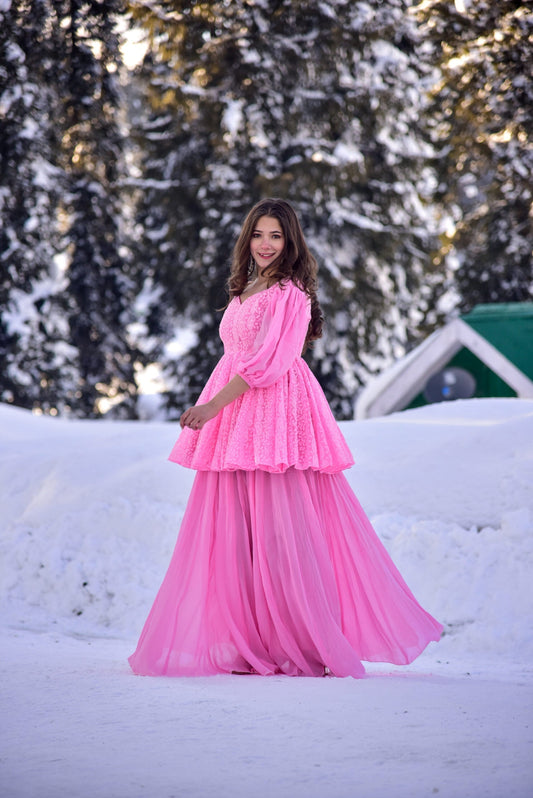 pink chikankari embroidered kurta sharara set