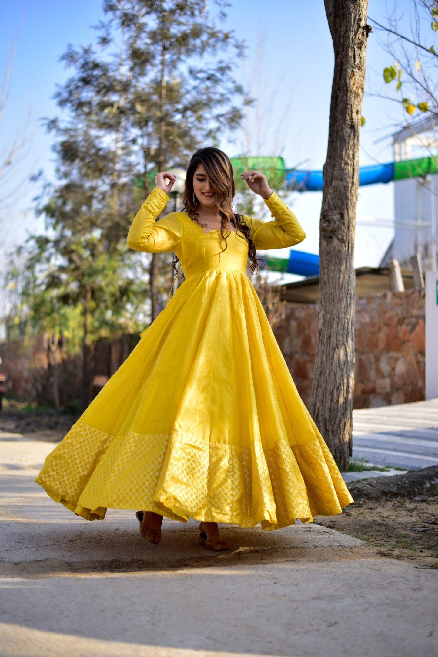 yellow bubble chanderi maxi set