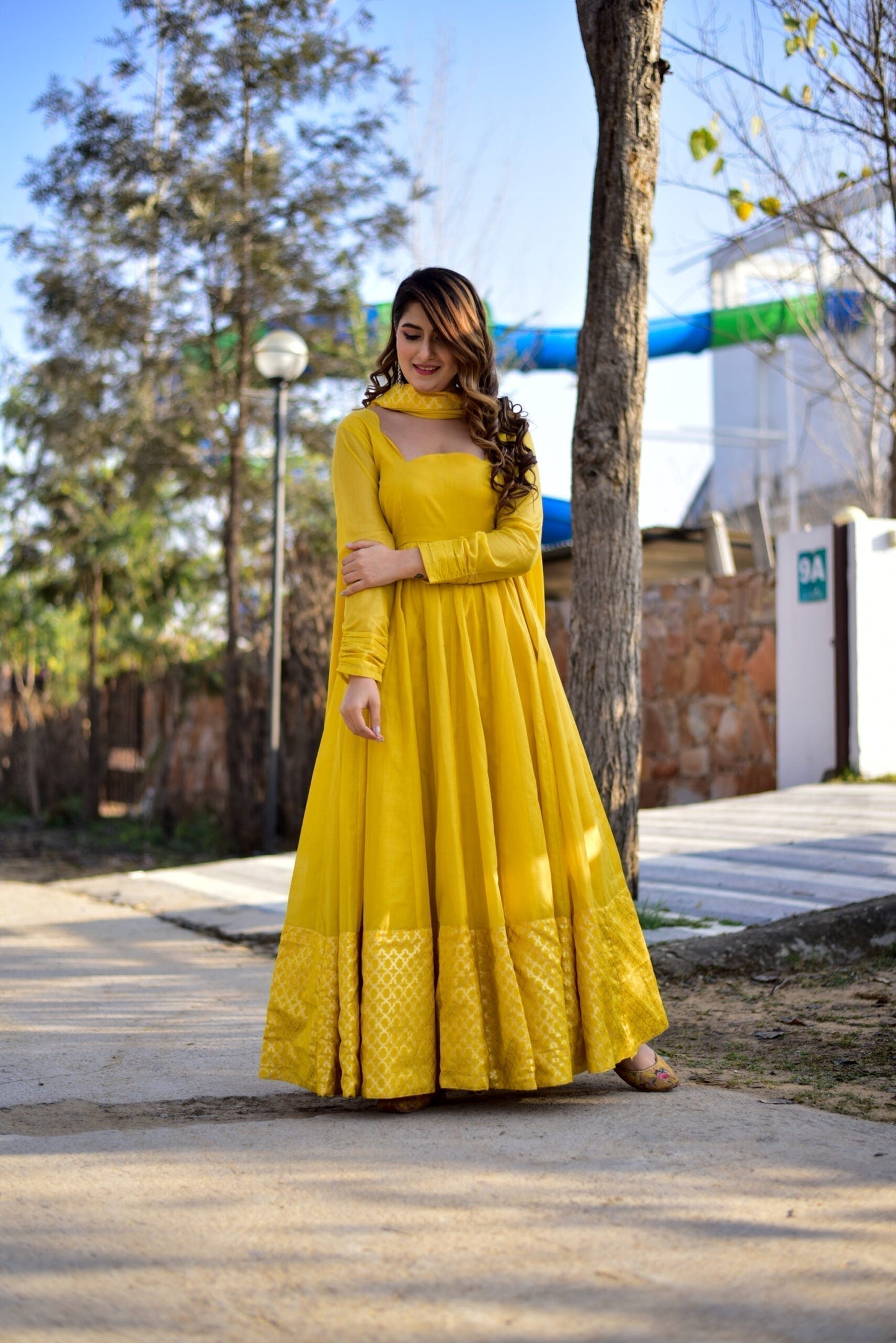 yellow bubble chanderi maxi set