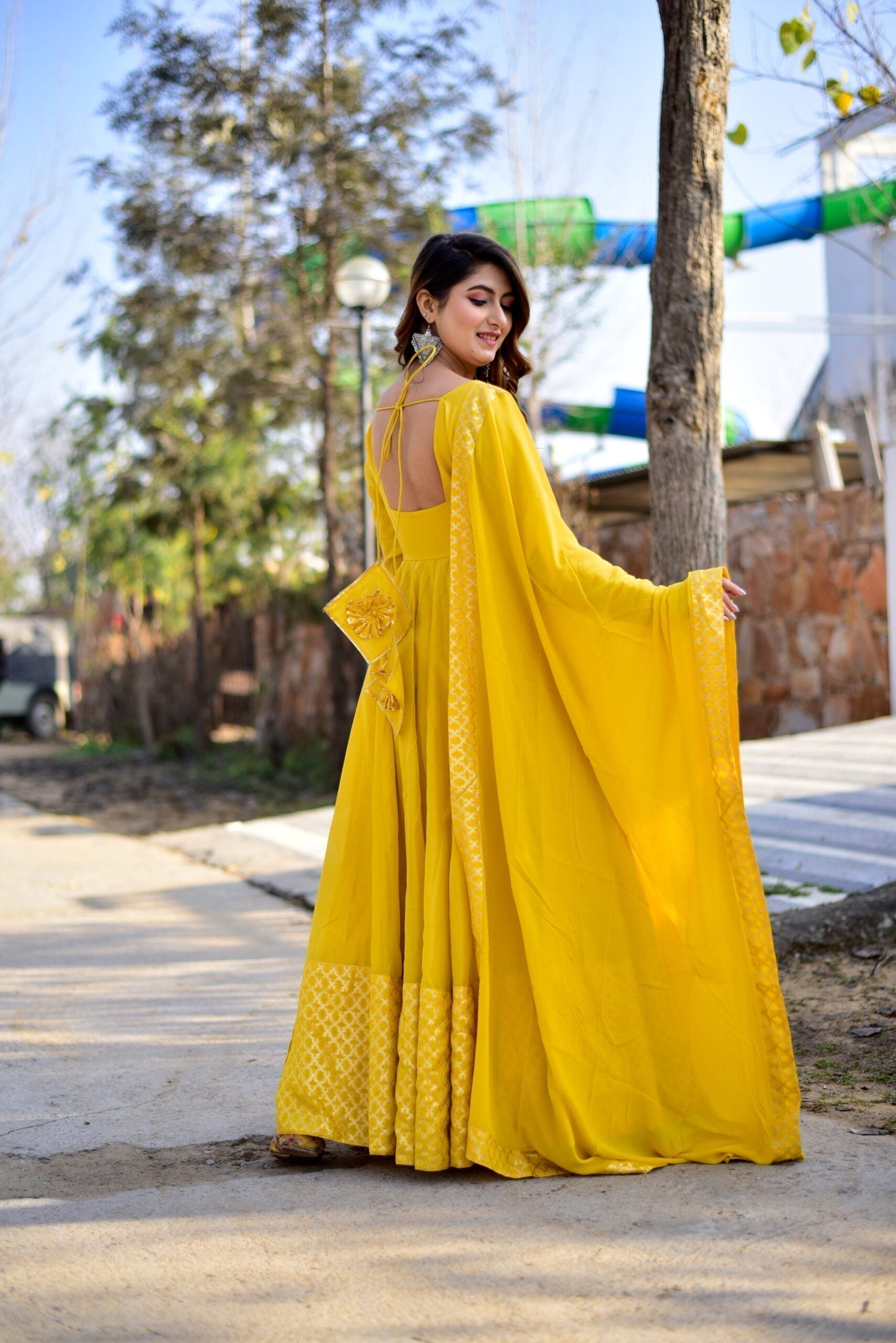 yellow bubble chanderi maxi set