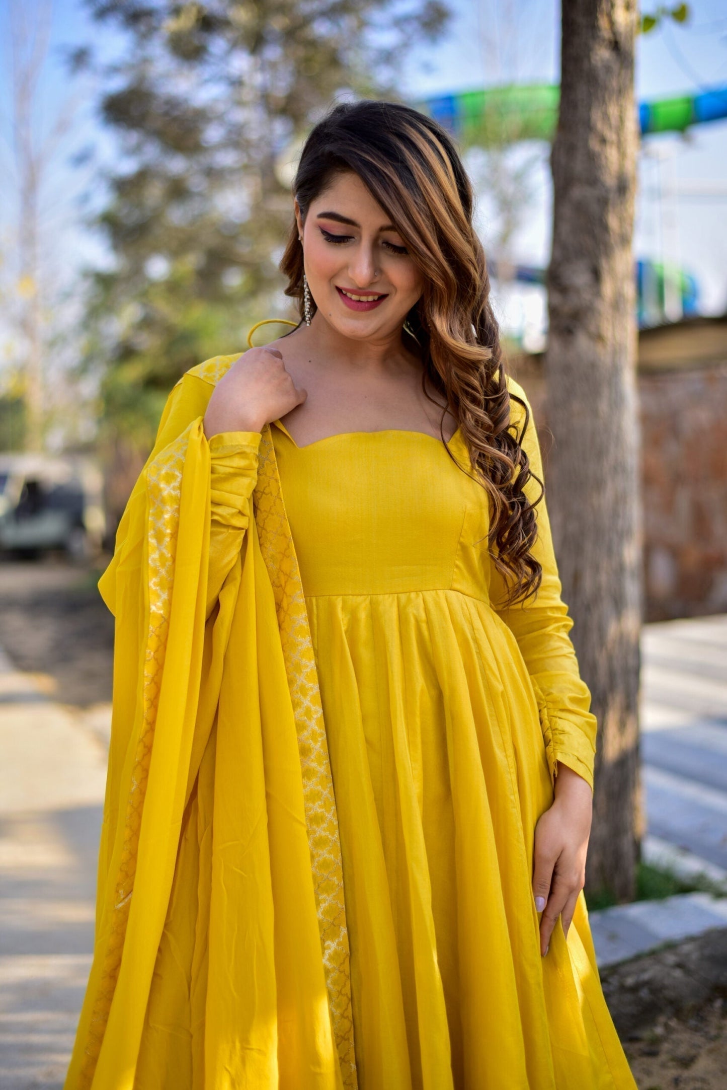 yellow bubble chanderi maxi set