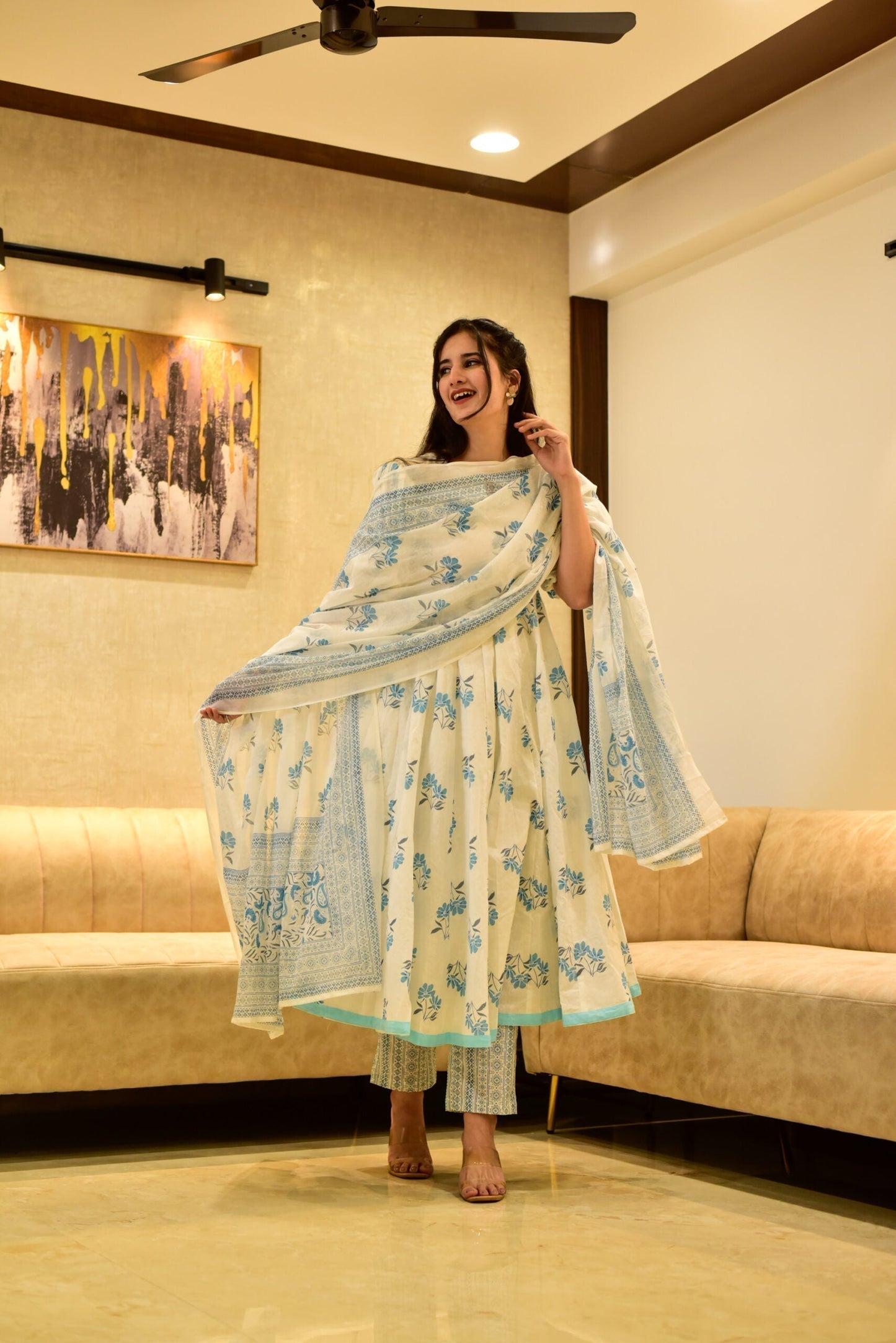 white &amp; blue flora cotton suit set