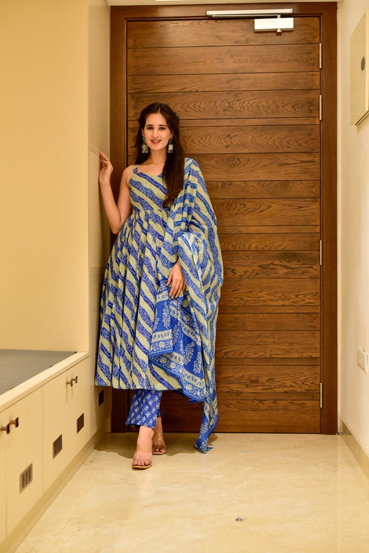 blue and grey linear cotton suit set