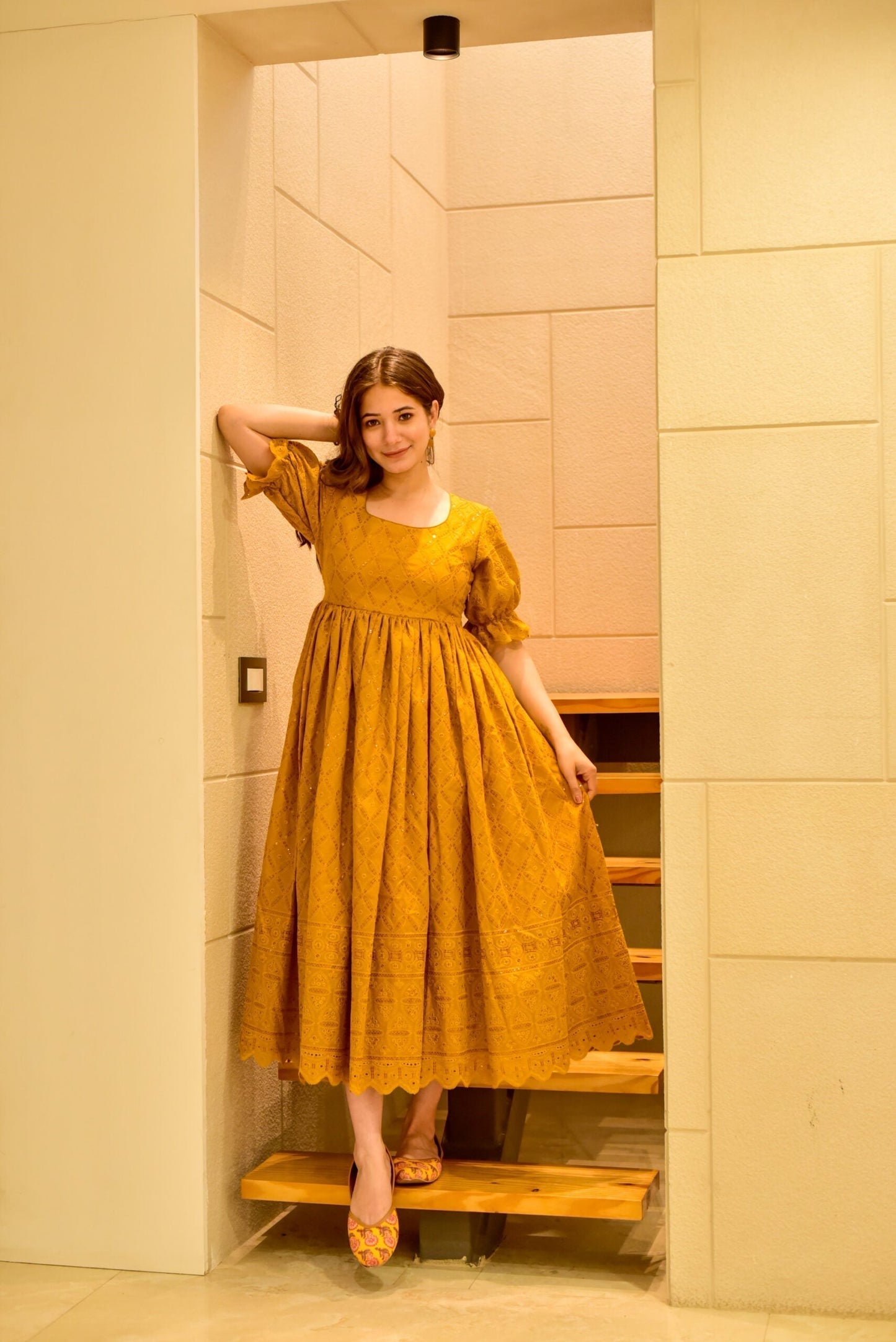 mustard sawan embroidered dress