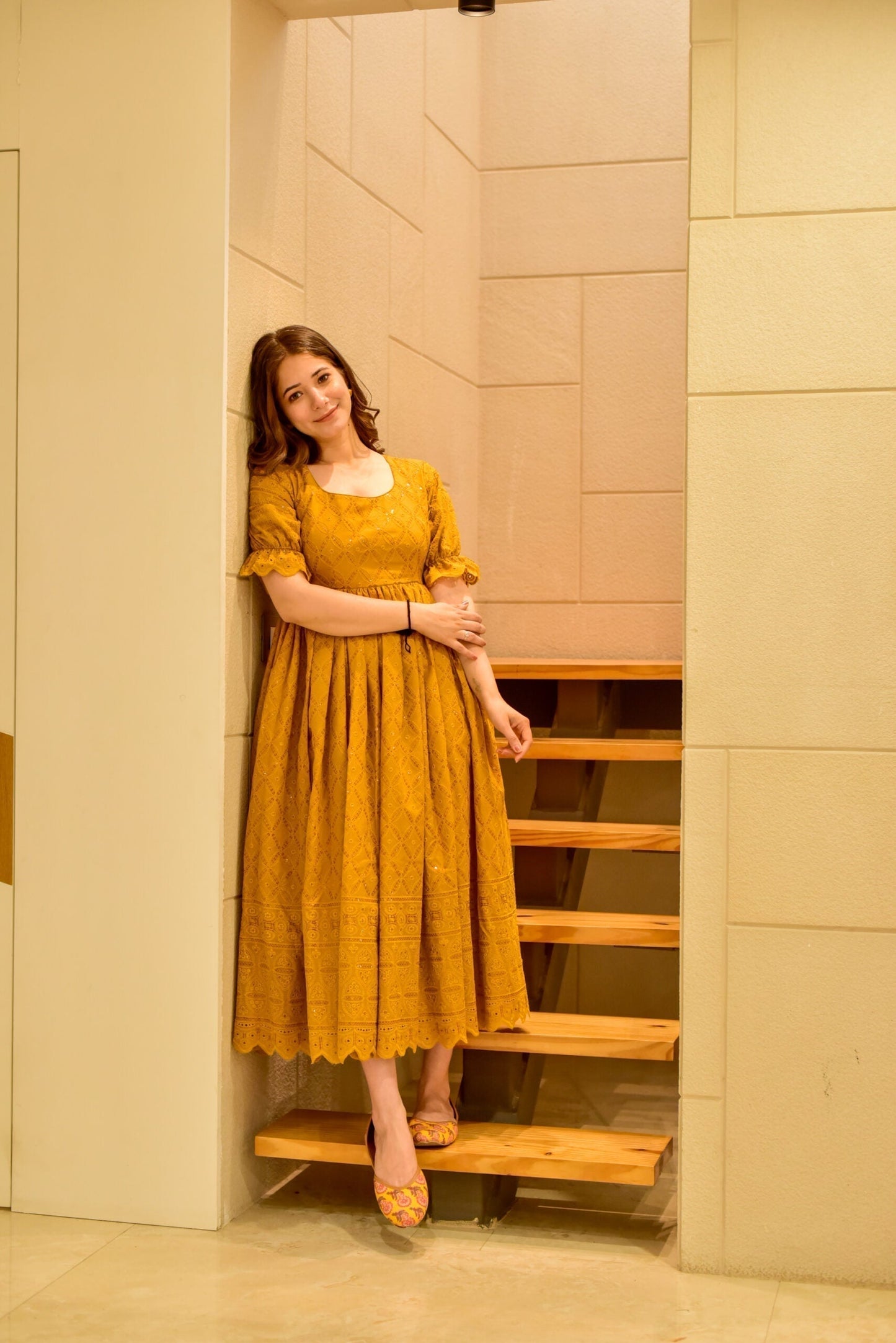 mustard sawan embroidered dress