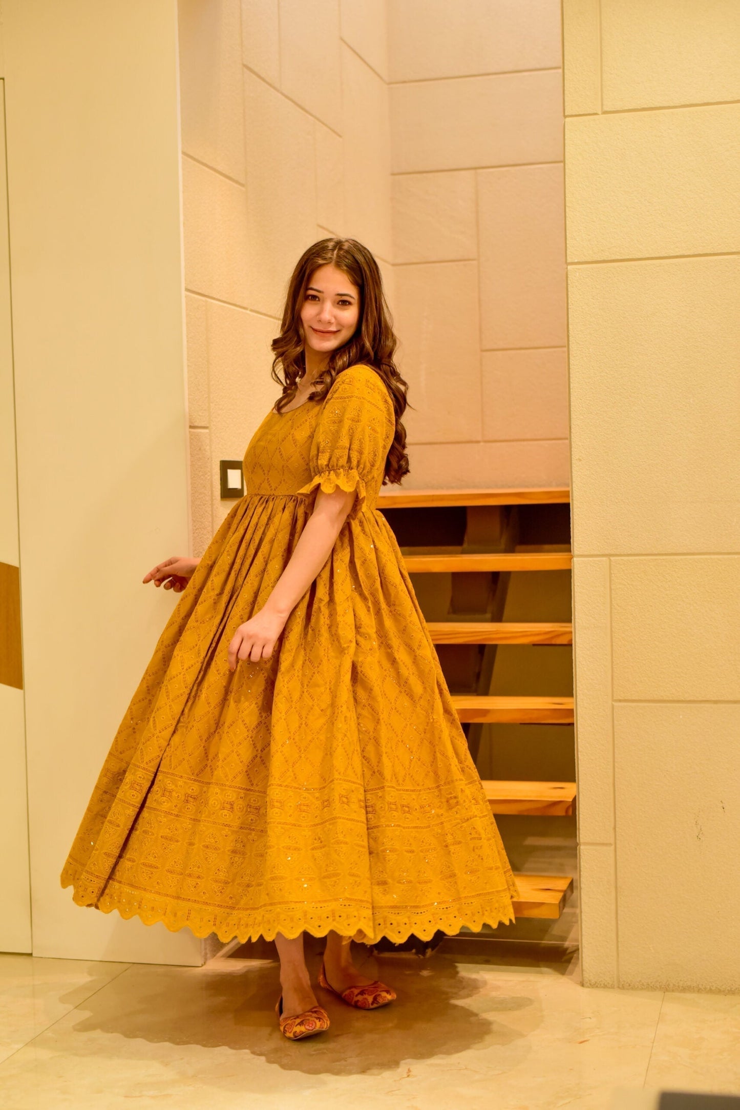 mustard sawan embroidered dress