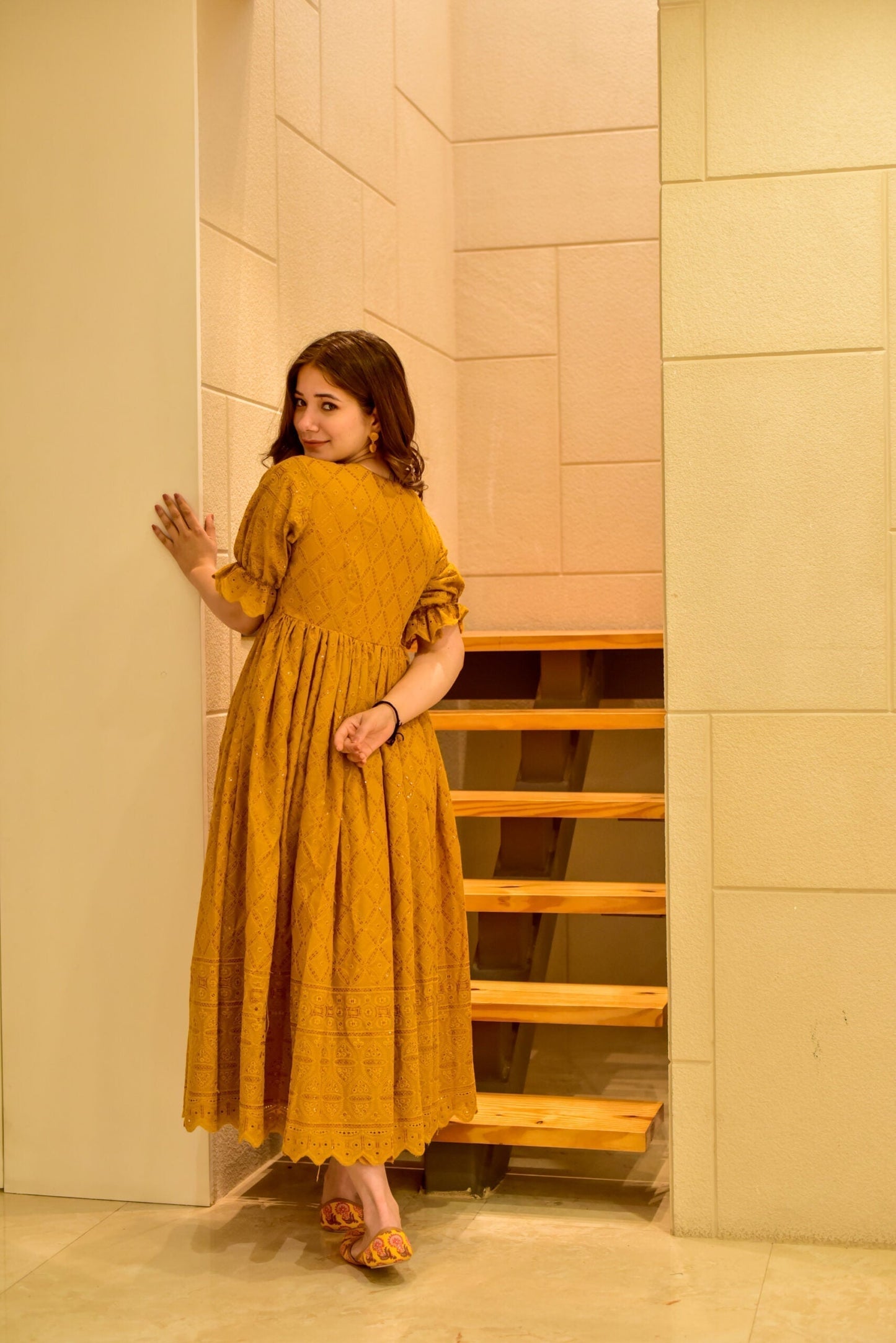 mustard sawan embroidered dress