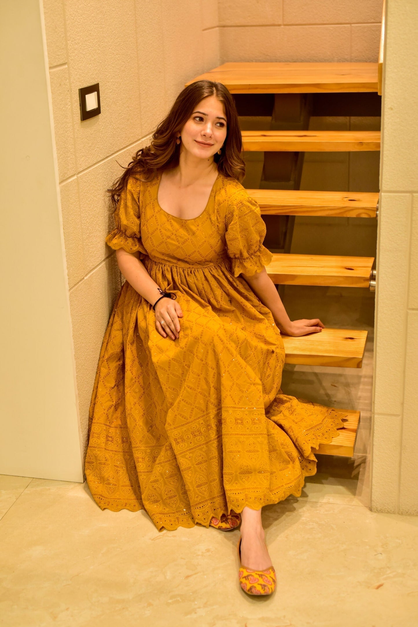 mustard sawan embroidered dress