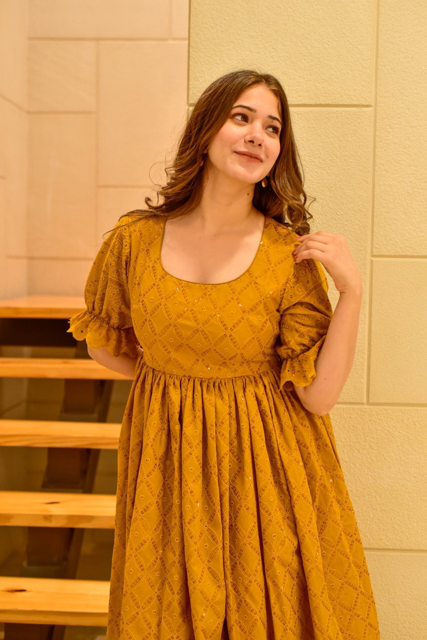 mustard sawan embroidered dress