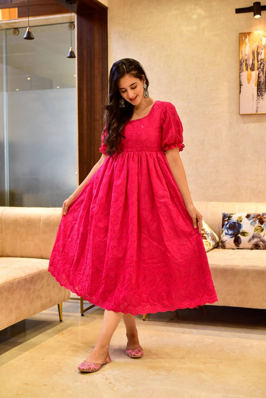 pink swan embroidered dress