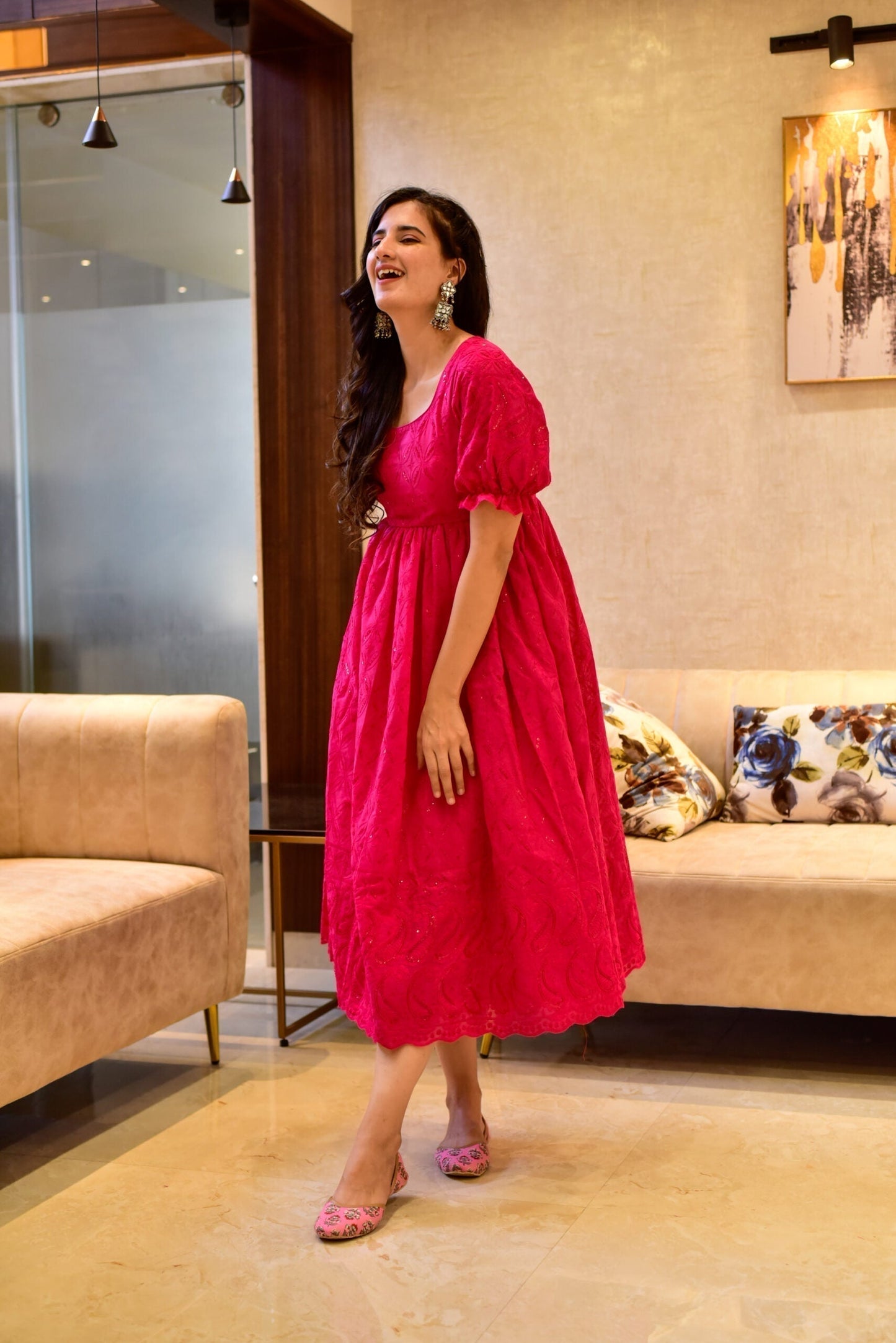 pink swan embroidered dress