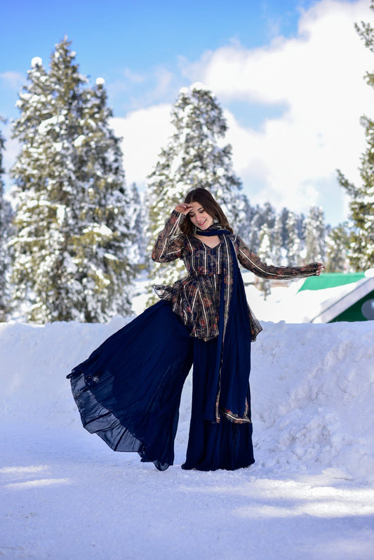 blue gottapatti georgette kurta sharara set