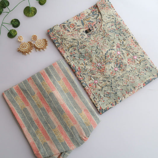 Cream Zari Floral Slim Fit Suit Set