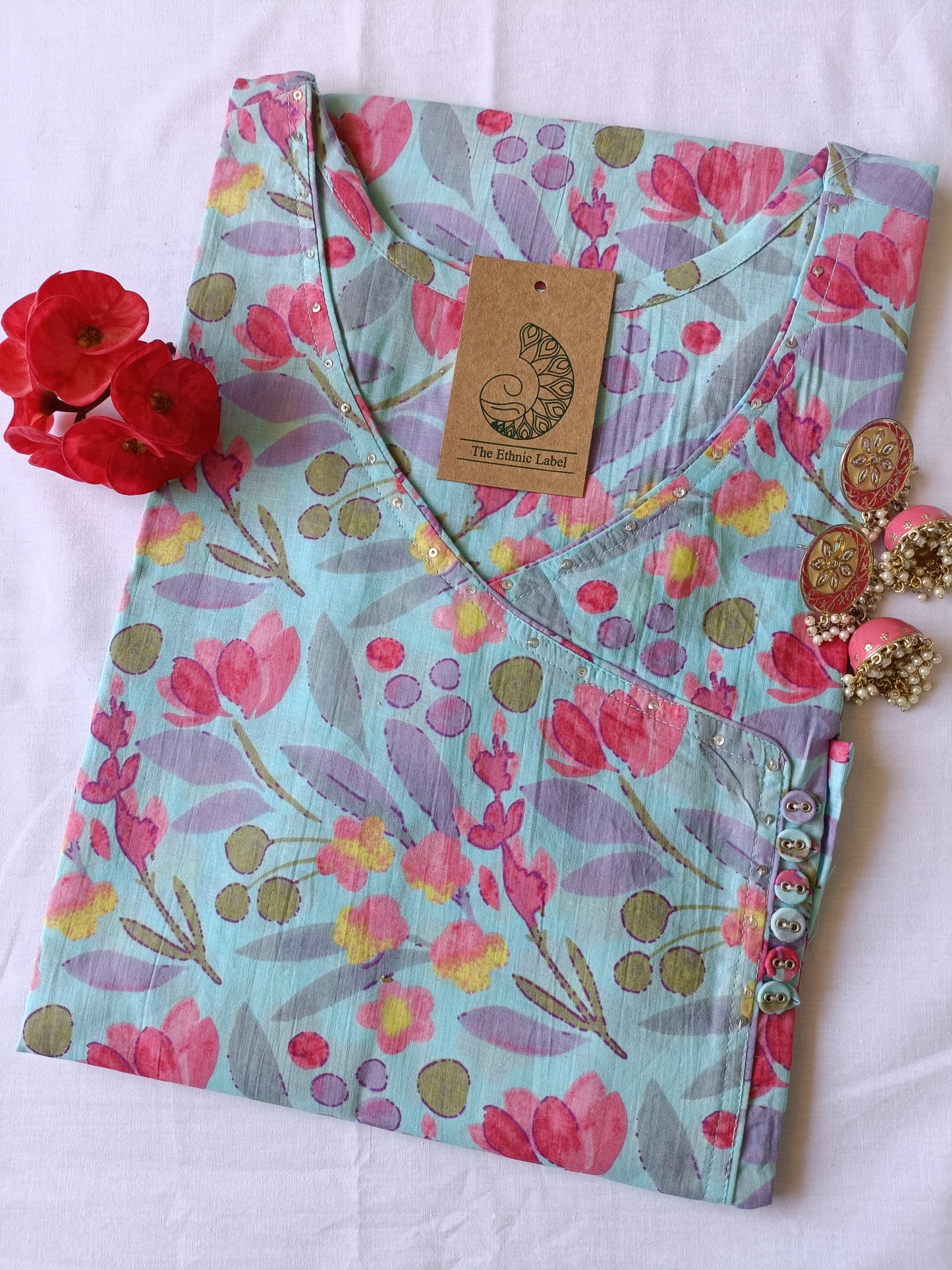 Blue Pink Jaal Angrakha Cotton Kurta