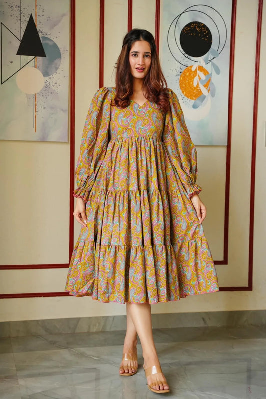 mustard paisley tiered dress