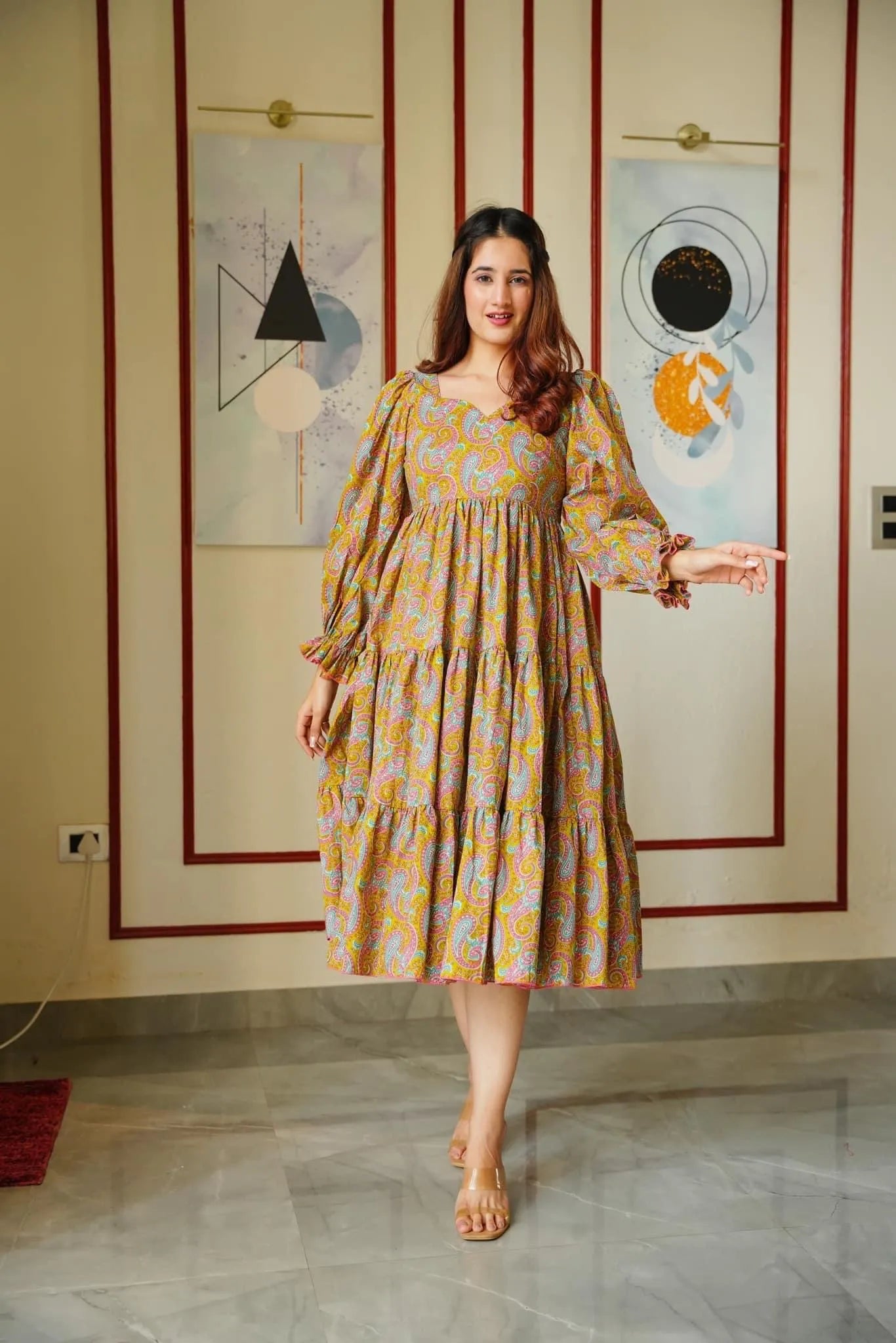 mustard paisley tiered dress