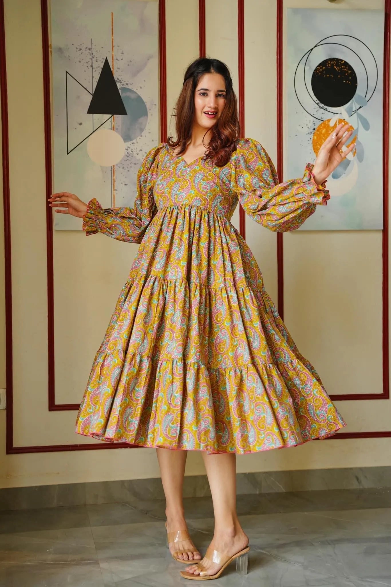 mustard paisley tiered dress