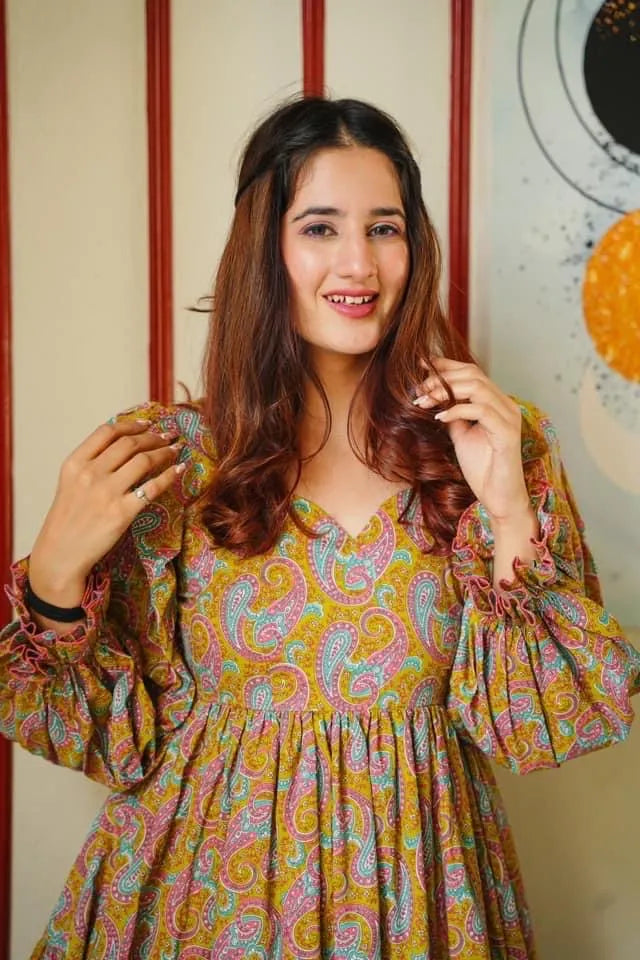 mustard paisley tiered dress