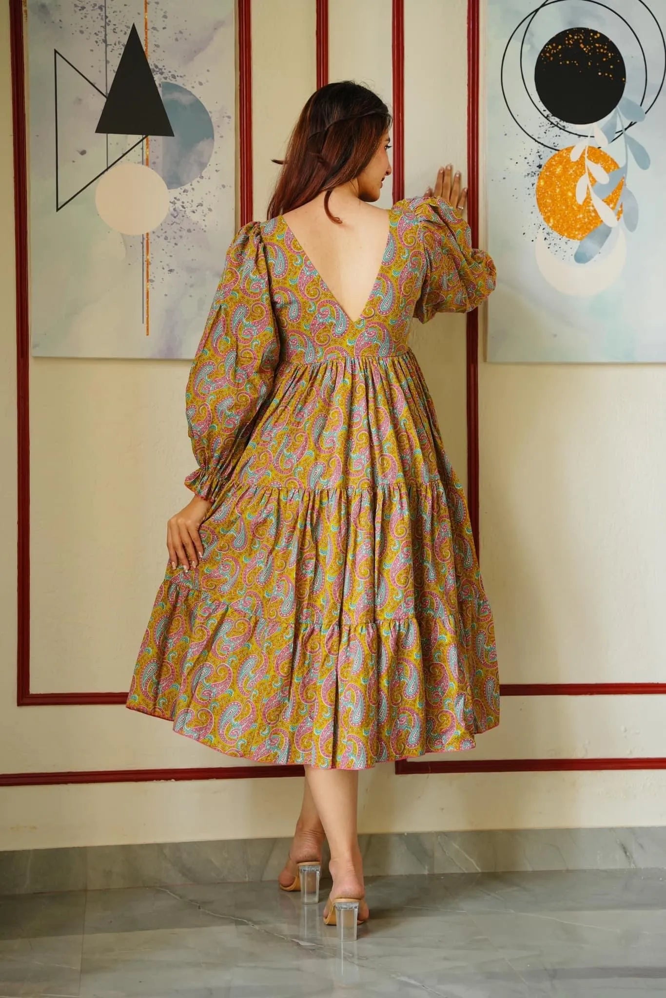 mustard paisley tiered dress