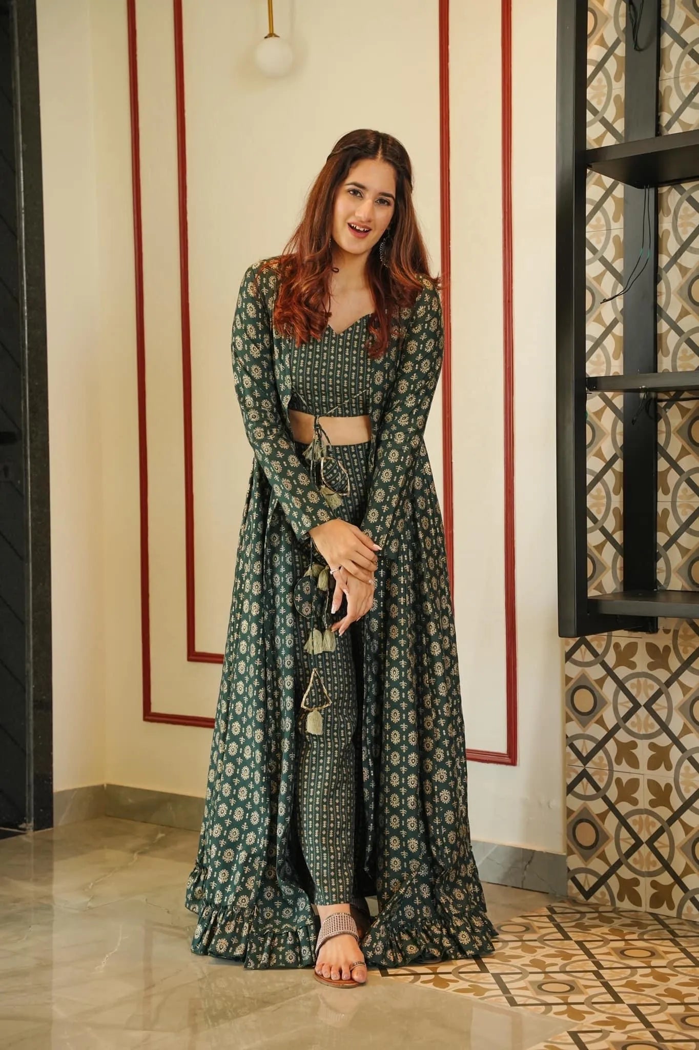 YADVI GREEN MUSLIN SHRUG SET