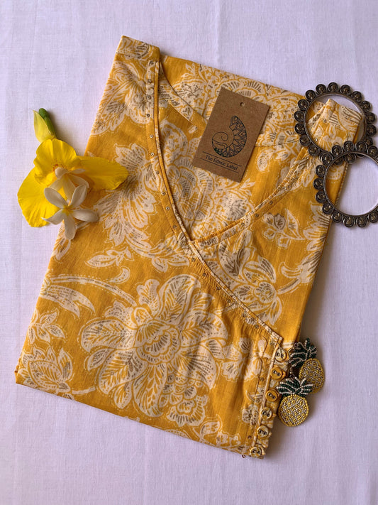 "Basant" Yellow Floral Angrakha Cotton Kurta