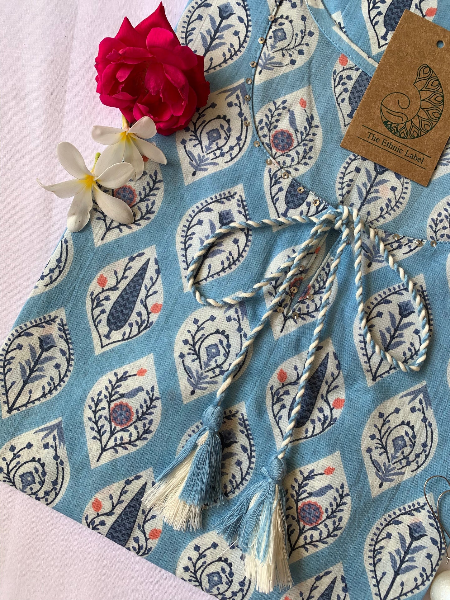 Powder Blue Hand Block Printed Cotton Kurta