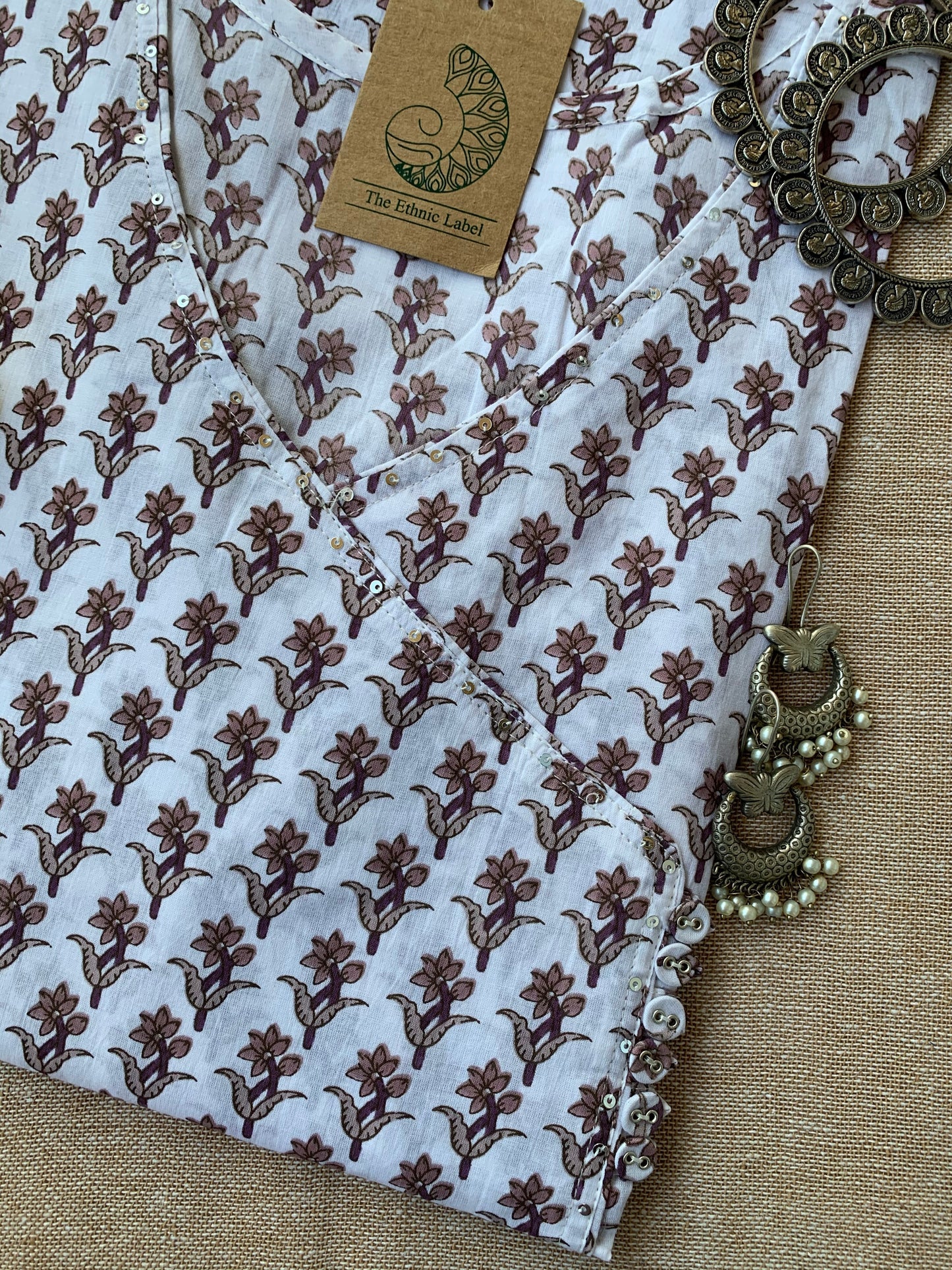 Hand Block Printed White Boota Angrakha Cotton Kurta