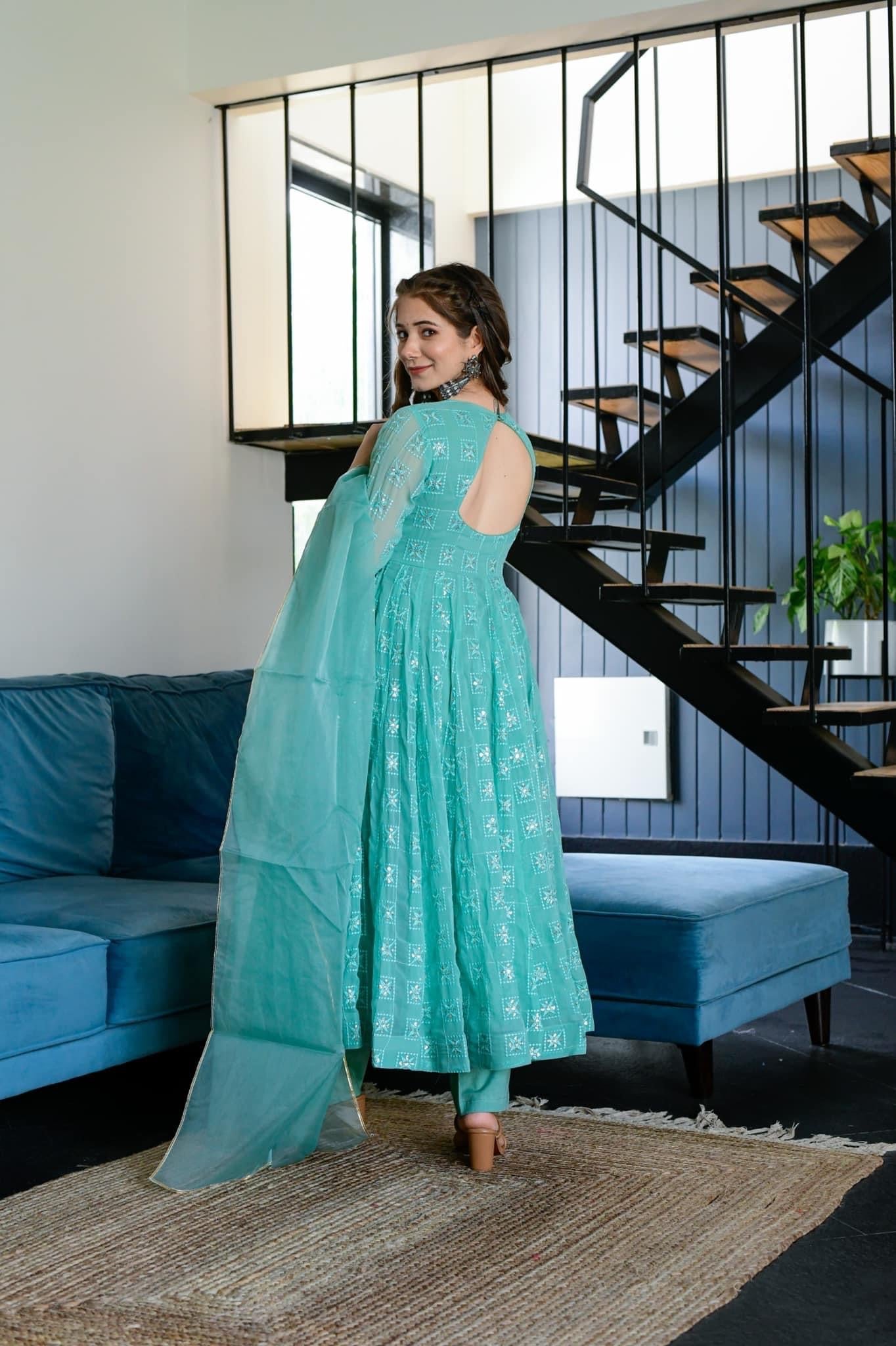 turqoiuse blue embroidered suit set