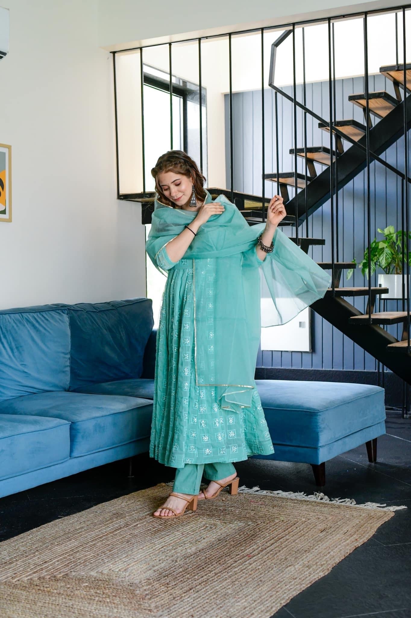 turqoiuse blue embroidered suit set